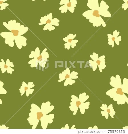 Abstract seamless pattern with botany flowers random yellow ornament. Green olive background. Abstract seamless pattern with botany flowers random yellow ornament. Green olive background. 75570853