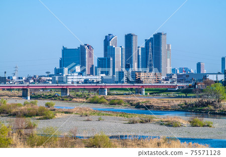 Kawasaki cityscape of Japan overlooking the Tama River blessed with fine weather and the tower apartments of Musashi Kosugi 75571128
