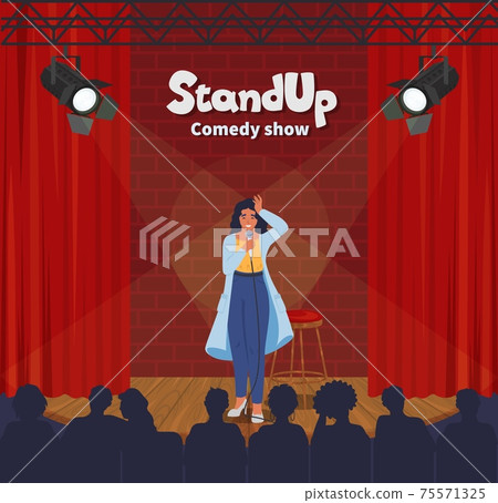 Stand up comedy show. Female comedian telling funny stories, jokes in front of live audience, flat vector illustration. 75571325