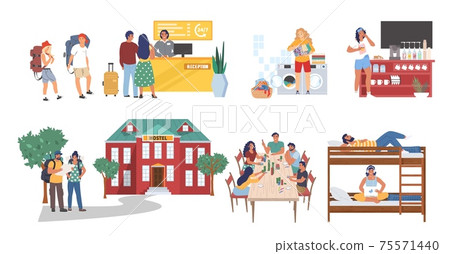 Hostel cartoon character set, flat vector isolated illustration. Tourists, students living in cheap hotel, dormitory. 75571440