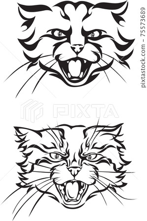 Cat, head, teeth, various poses, black, silhouette, set, vector, illustration 75573689