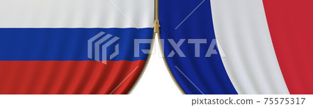 Russia and France political cooperation or conflict, flags and closing or opening zipper, conceptual 3D rendering 75575317