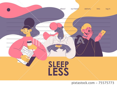 Sleepless women with coffee and papers. Landing page dedicated to insomnia and office workers who have wrong time management. Vector characters yawning and sleepy 75575773