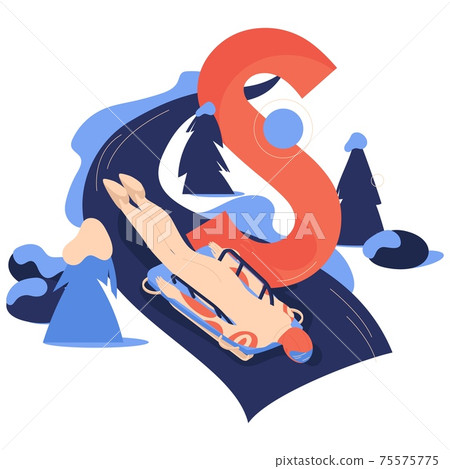 Capital letter S and scene with character riding skeleton sled. Vector concept illustration for winter activities and sport 75575775