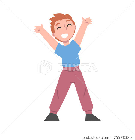 Cute Liitle Boy Celebrating Victory, Expressing Succes or Having Fun, Positive Emotions Concept Cartoon Vector Illustration 75578380