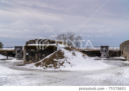 Russia. March 14, 2021. The Demidov battery of Kane cannons in the Patriot Park of the city of Kronstadt-the museum of the history of the development of Russian weapons. Russia. March 14, 2021. The Demidov battery of Kane cannons in the Patriot Park of the city of Kronstadt-the museum of the history of the development of Russian weapons. 75578601
