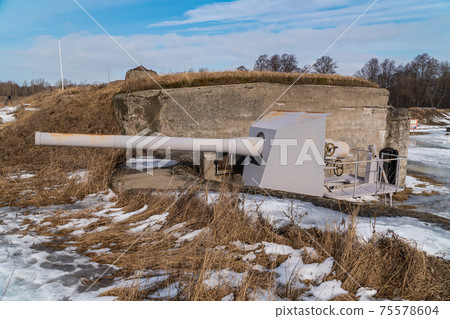 Russia. March 14, 2021. Kane cannon on the Demidov battery in the Patriot Park of the city of Kronstadt-the museum of the history of the development of Russian weapons. Russia. March 14, 2021. Kane cannon on the Demidov battery in the Patriot Park of the city of Kronstadt-the museum of the history of the development of Russian weapons. 75578604