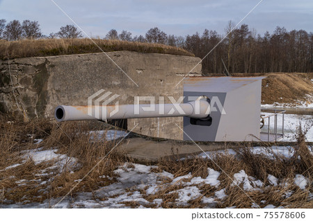 Russia. March 14, 2021. Kane cannon on the Demidov battery in the Patriot Park of the city of Kronstadt-the museum of the history of the development of Russian weapons. Russia. March 14, 2021. Kane cannon on the Demidov battery in the Patriot Park of the city of Kronstadt-the museum of the history of the development of Russian weapons. 75578606