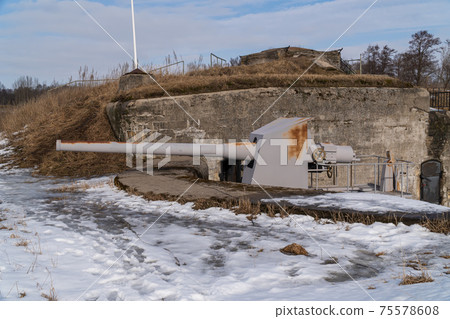 Russia. March 14, 2021. Kane cannon on the Demidov battery in the Patriot Park of the city of Kronstadt-the museum of the history of the development of Russian weapons. 75578608