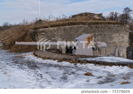 Russia. March 14, 2021. Kane cannon on the Demidov battery in the Patriot Park of the city of Kronstadt-the museum of the history of the development of Russian weapons. 75578609