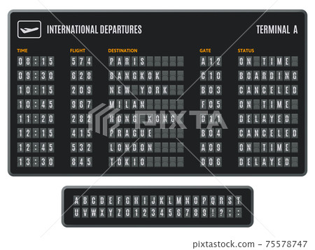 Airport flip board. Departures information scoreboard, flipping arrival countdown. Scoreboard flip airport info display vector illustration set Airport flip board. Departures information scoreboard, flipping arrival countdown. Scoreboard flip airport info display vector illustration set 75578747