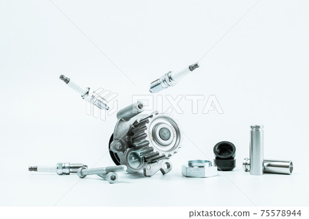 Car construct. Set of new metal car part. Auto motor mechanic spare or automotive piece isolated on white background. Technology of mechanical gear. 75578944