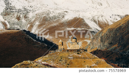 Stepantsminda, Gergeti, Georgia. Famous Gergeti Trinity Tsminda 75578969