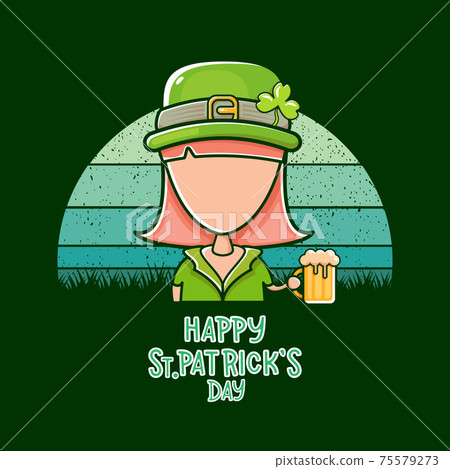Saint Patrick girl holding beer isolated on vintage background with sun. Happy st Patricks day banner or poster with redhead woman and calligraphic greeting text. Cartoon st Patrick girl line art 75579273
