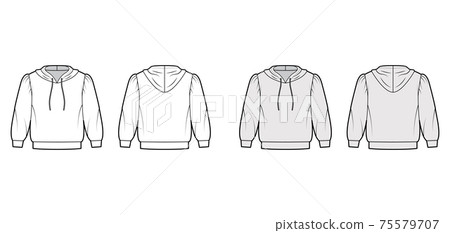 Hoody sweatshirt technical fashion illustration with elbow sleeves, relax body, banded hem, drawstring small garment 75579707