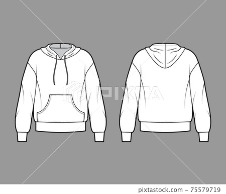Hoody sweatshirt technical fashion illustration with long sleeves, oversized body, kangaroo pouch, banded hem Hoody sweatshirt technical fashion illustration with long sleeves, oversized body, kangaroo pouch, banded hem 75579719