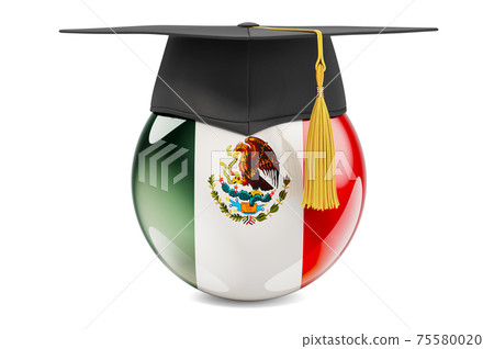 Education in Mexico concept. Mexican flag with graduation cap, 3D rendering 75580020