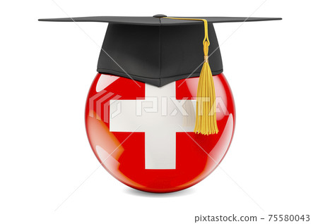 Education in Switzerland concept. Swiss flag with graduation cap, 3D rendering 75580043