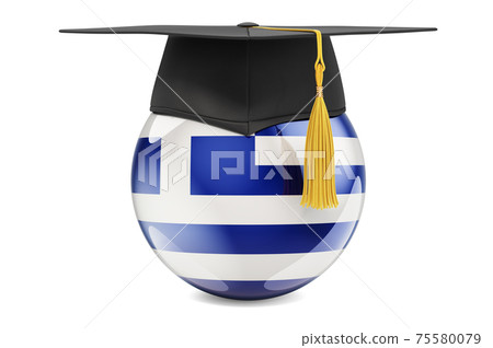 Education in Greece concept. Greek flag with graduation cap, 3D rendering 75580079