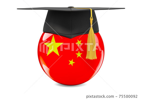 Education in China concept. Chinese flag with graduation cap, 3D rendering Education in China concept. Chinese flag with graduation cap, 3D rendering 75580092