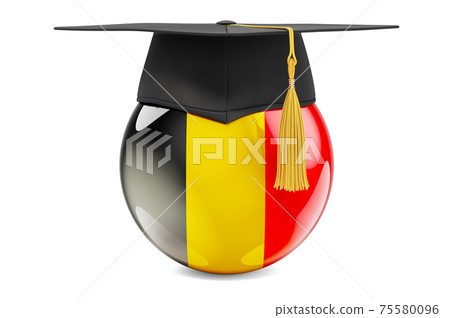 Education in Belgium concept. Belgian flag with graduation cap, 3D rendering Education in Belgium concept. Belgian flag with graduation cap, 3D rendering 75580096
