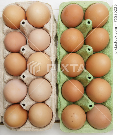 two paper trays for chicken eggs of different color filled with fresh eggs 75580229