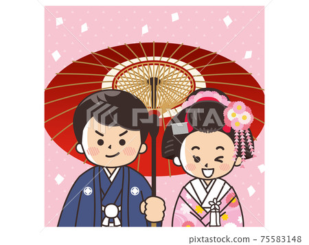 Bride and groom in kimono, crested hakama, color strike wedding 75583148