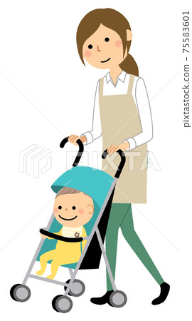 圍裙推嬰兒車的女人 75583601