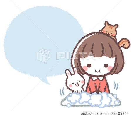 Girl and animal speech bubbles washing hands Girl and animal speech bubbles washing hands 75585861