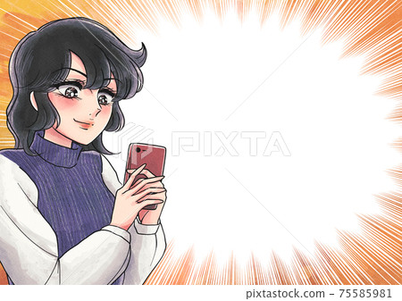 Shojo漫畫觸摸，微笑的妹妹與智能手機，集中線橫幅 75585981