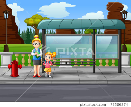 Cartoon a woman teacher and her student at bus stop 75586274