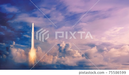 Rocket takes off into the sky. Concept of start Rocket takes off into the sky. Concept of start 75586599