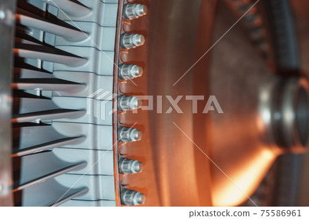 A rotor disc with blades of a turbojet gas turbine engine, inside view. A rotor disc with blades of a turbojet gas turbine engine, inside view. 75586961