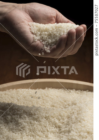 Lift the white rice by hand 75587027