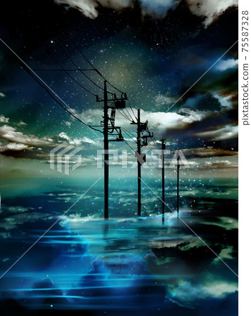 一幅奇妙的山水畫，上面繪著電報支柱和閃亮的星星，消失在海中，藍色的夜空反射出地平線 75587328