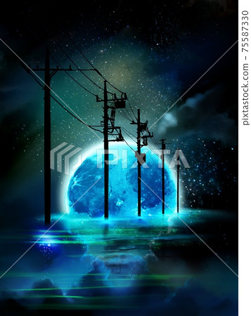 A fantastic landscape painting of telegraph pillars and shining stars disappearing to the sea and the horizon reflected by the blue shining night sky 75587330