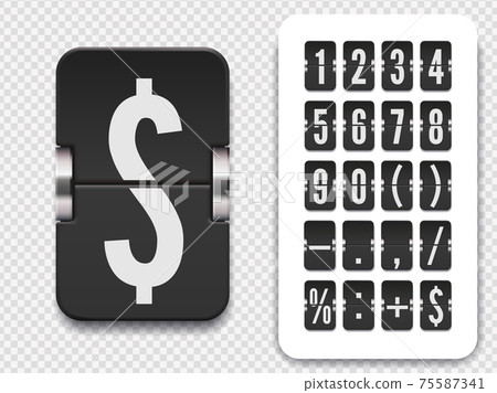 Flip number and symbol scoreboard on transparent background. Vector illustration template. Analog countdown number font. Flip number and symbol scoreboard on transparent background. Vector illustration template. Analog countdown number font. 75587341