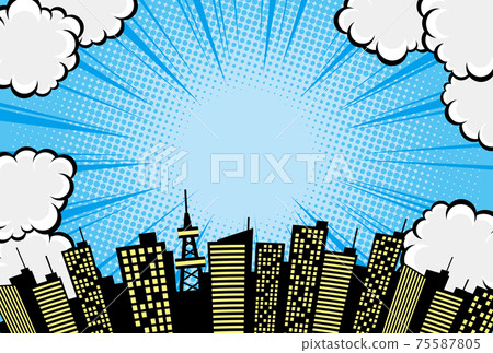 Comic art style clouds, sky and city background material 75587805