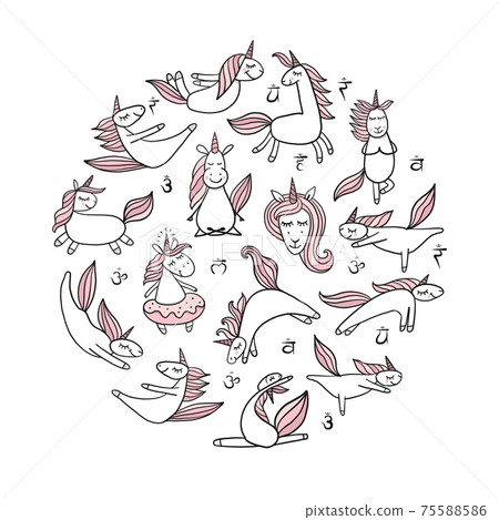 Funny Unicorns doing yoga. Circle Background for your design 75588586