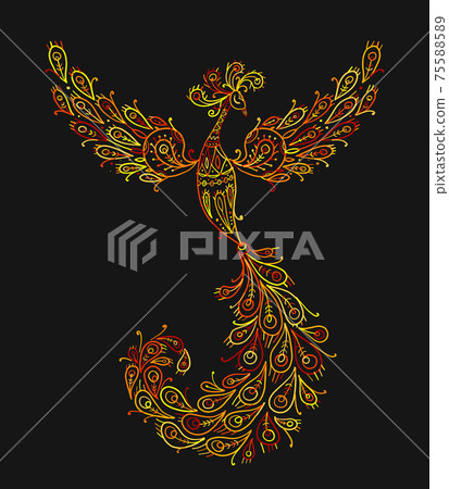 Firebird with a Majestic Tail. Phoenix Bird. Mythical character. Ornamental Silhouette for your design Firebird with a Majestic Tail. Phoenix Bird. Mythical character. Ornamental Silhouette for your design 75588589