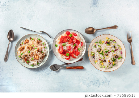 Konjac pasta with various toppings, overhead flat lay shot 75589515