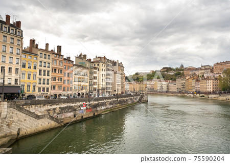 Lyon, France. April 7, 2019. Saone River in Lyon in spring, France. Lyon, France. April 7, 2019. Saone River in Lyon in spring, France. 75590204