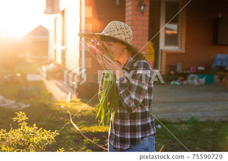 Joyful woman gardener sniffs bunch of green onions on sunny warm spring day. Plant care and harvest concept and hobby 75590729