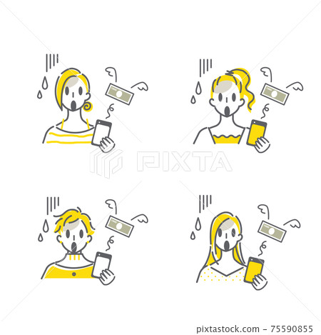 一個簡單，時尚的線條藝術插圖，專為因智能手機價格過高而感到震驚的婦女 75590855