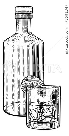 Cocktail Bottle and Glass with Ice Vintage Woodcut 75591347