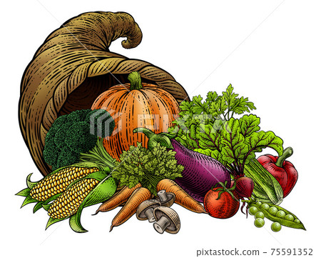 Cornucopia Horn Produce Vegetables Vintage Woodcut Cornucopia Horn Produce Vegetables Vintage Woodcut 75591352