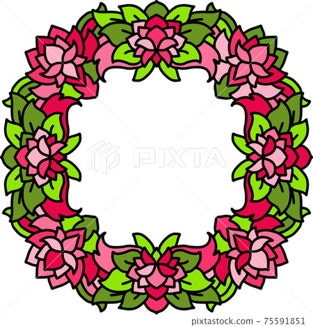 Abstract mandala frame. Asian floral pattern. Pink flower and green leaves background. Vector illustration. 75591851