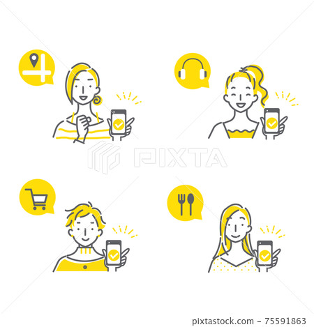 A simple and fashionable line art illustration set for women who make convenient use of their smartphones 75591863