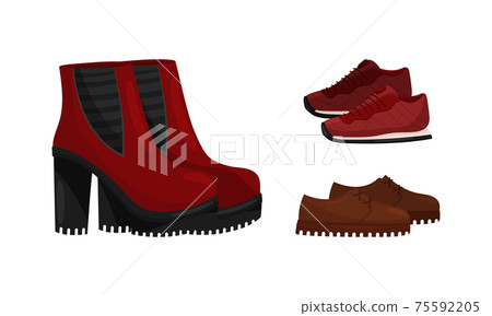 Footwear with High Heeled Ankle Boots and Laced Training Shoes Vector Set 75592205