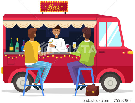 Street food van isolated on white background. Truck with bartender making alcohol drink for Street food van isolated on white background. Truck with bartender making alcohol drink for 75592963